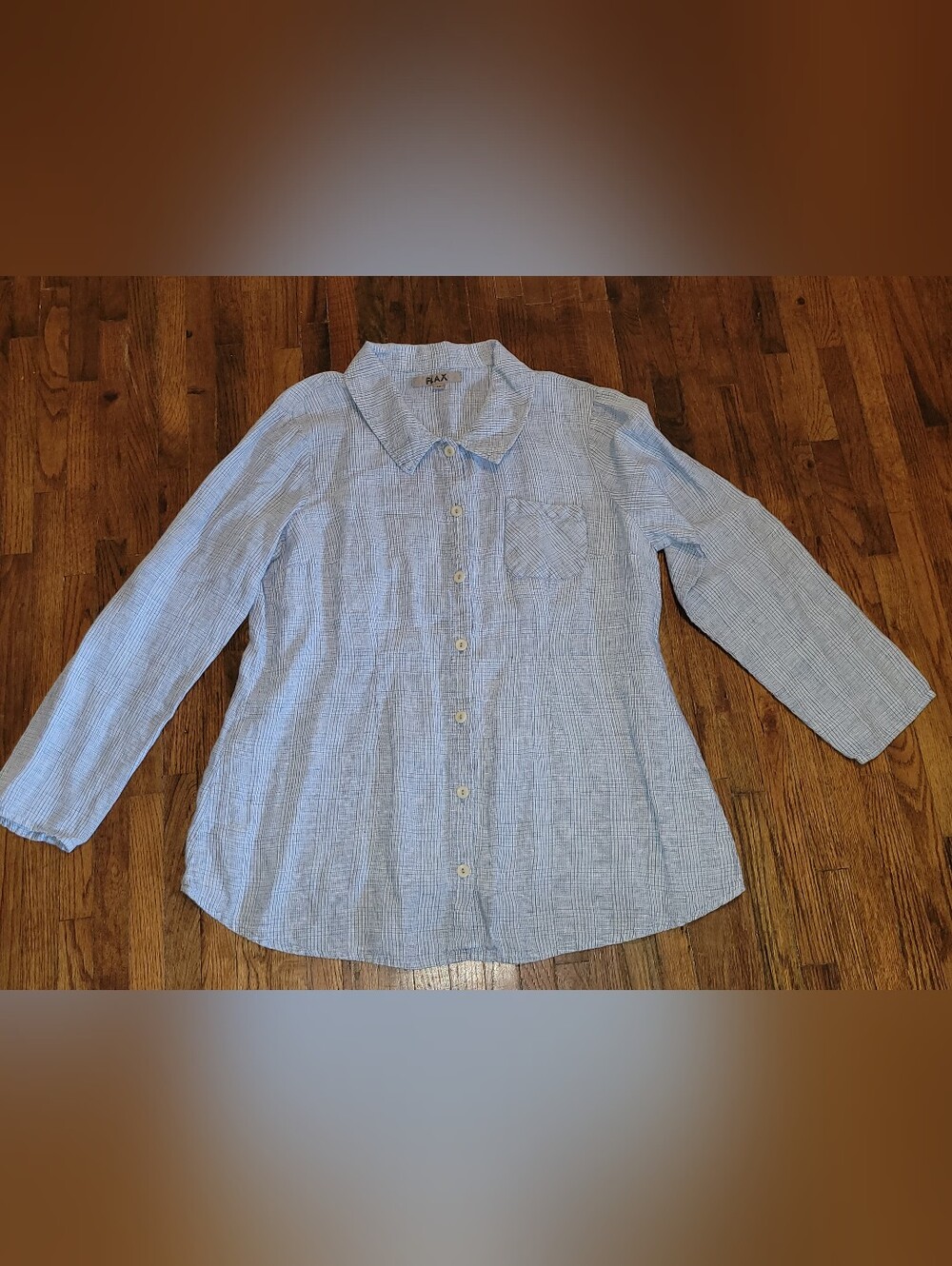 FLAX Blue White 100% Linen Button Down Shirt Long Sleeve Top sz M Flowy Oversize